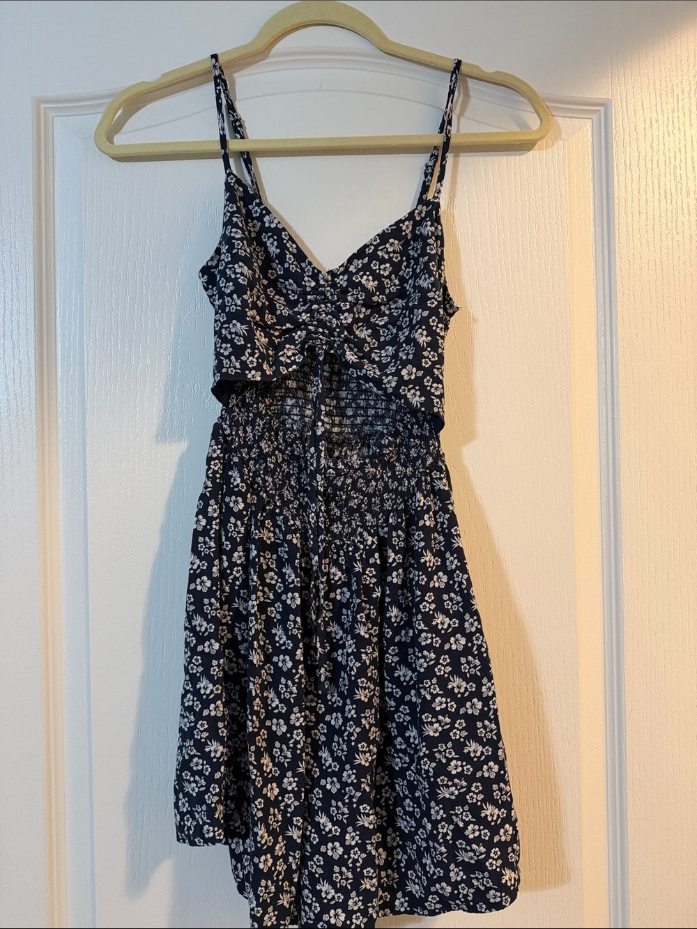 Navy Floral Tie-Front Mini Romper with Smocked Waist